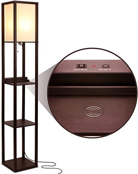 Brightech Maxwell Shelf Floor Lamp w. Wireless Charging Station, USB Port & Outlet - Column Lighting for Bedrooms, Offices & Living Rooms - Contemporary Skinny Nightstand & Tower Light - Brown