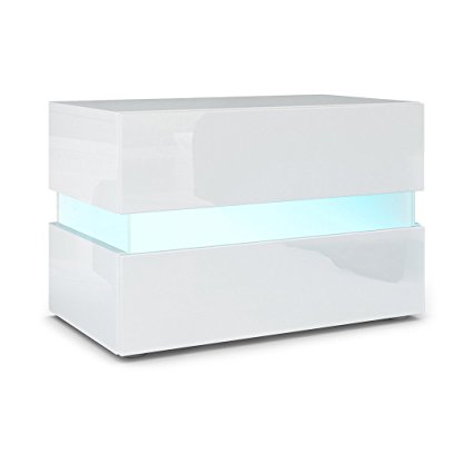 Bedside Cabinet Nightstand Flow, Carcass in White High Gloss / Front in White High Gloss with LED Lights