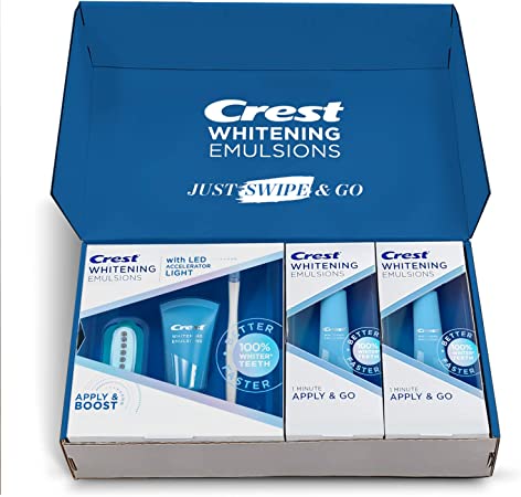 Crest Whitening Emulsions Leave-on Teeth Whitening Gel Kit with LED Accelerator Light, 0.63oz   Built-in Applicator   Two 0.35oz On-The-Go Teeth Whitening Pens Value Pack