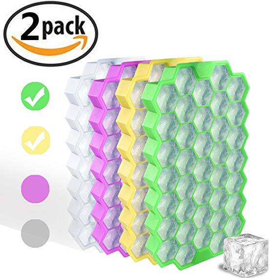 (Set of 2) Ice Cube Trays with Lid - Flexible Silicone 37 Creative Ice Cubes Maker Mold for Kids with Candy Pudding Jelly Milk Juice Chocolate, Whiskey Wine & Small Glass Bottle - Baby Food Stackable Storage Containers - BPA Free,Green&Yellow