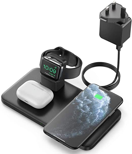 Seneo Wireless Fast Charging Station, 3 in 1 Wireless Charger, 7.5 W for iPhone 8 to iPhone 11 Pro, Apple Watch AirPods Pro/Galaxy Buds/Buds ,10W for Samsung Galaxy S6 to Galaxy S20/Note 5 to Note 10