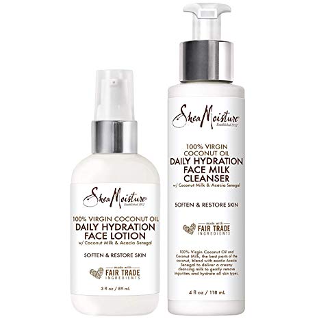 Shea Moisture 100% Virgin Coconut Oil Pack Duo | Daily Hydration Face Lotion 3 Ounce & Daily Hydration Face Milk Cleanser 4 Ounce