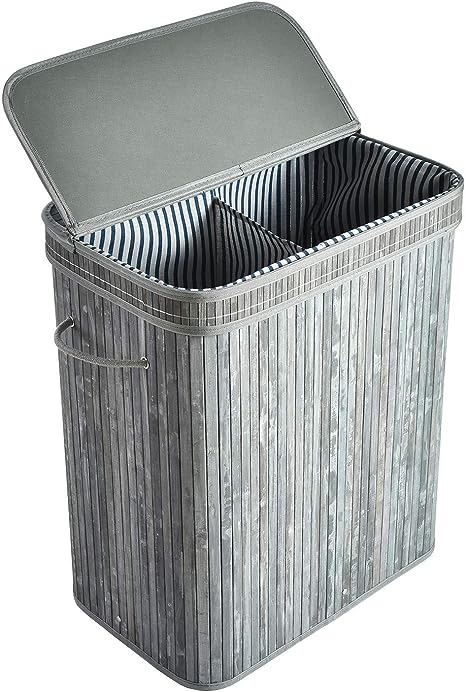 ALINK 100L Bamboo Laundry Basket with 2 Sections, XXL Tall Large Foldable Storage Hamper, Dirty Clothes Bin Box with Lid, Handles, Removable Liner, Rectangular, Grey