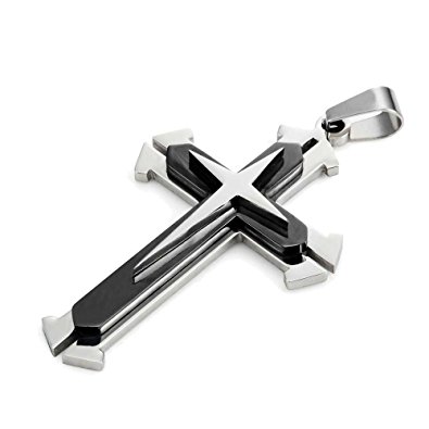 Mens Polished 316L Stainless Steel Star Cross Necklace Pendant - Black & Silver, 21 Inch Chain