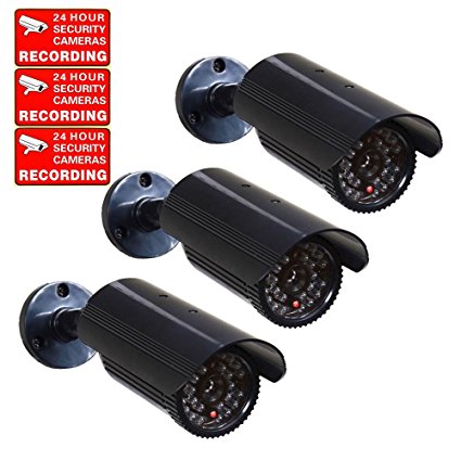 VideoSecu 3 Pack Dummy Bullet Security Cameras Fake Infrared LEDs with Flashing Light Home CCTV Surveillance C94