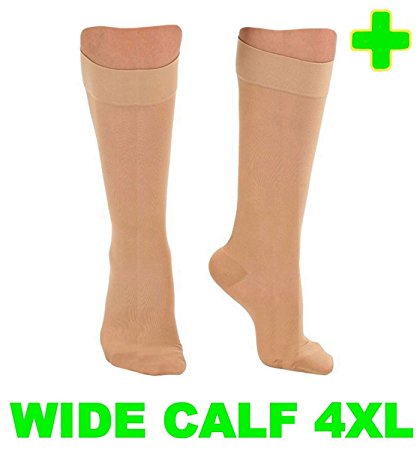 HealthyNees Closed Toe Extra Big Wide Calf Shin Plus Size 20-30 mmHg Compression Grade Leg Length Swelling Circulation Women Men Socks (Beige, Wide Calf 4XL)