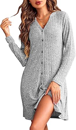 Ekouaer Nightgowns for Women Button Down Night Shirt Long Sleeve Ribbed Knit V-Neck Sleepwear Pajama Dress