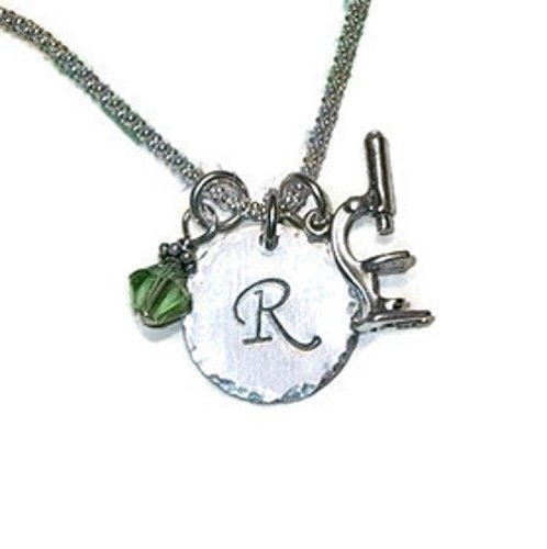 Microscope Hand Stamped Sterling Silver Personalized Initial Charm Necklace - Science Necklace
