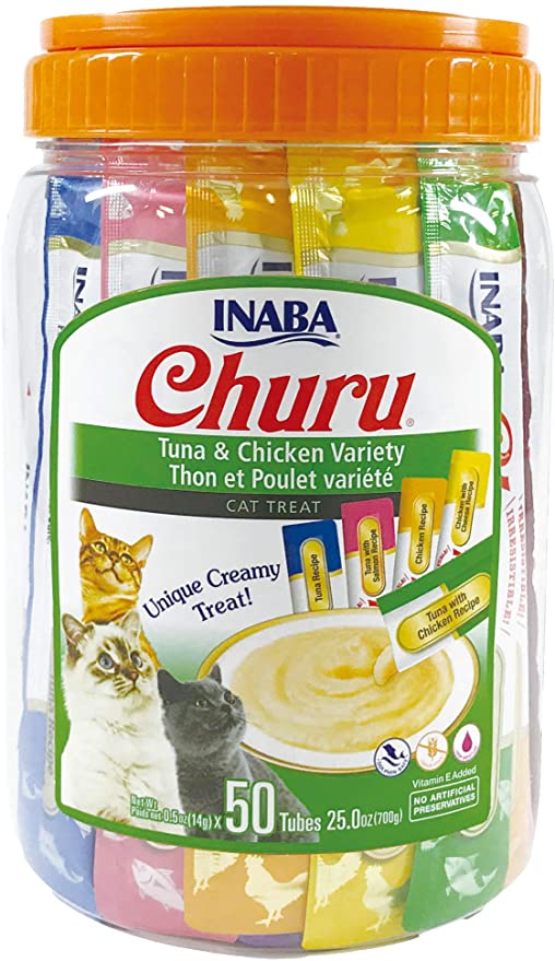 INABA Churu Lickable Purée Natural Cat Treats (Tuna and Chicken Variety, 50 Tubes)