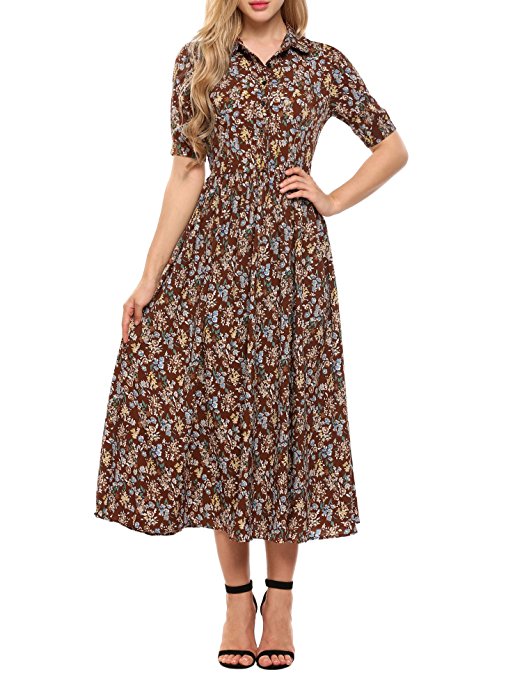 ACEVOG Women's Vintage Style Short Sleeve Floral Print Long Maxi Dress
