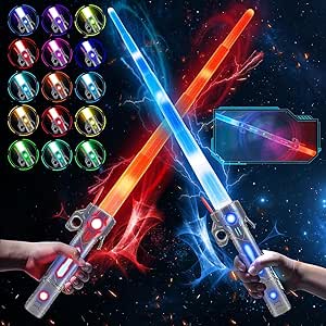 VATOS 2PCS Rechargeable Light Sword for Kids,15 Colour Changeable Light Up Sword with 3D Sound,2 in 1 Retractable LED Light Up Saber Toy for Halloween Dress Up Parties,Christmas, Cosplay War Fighters