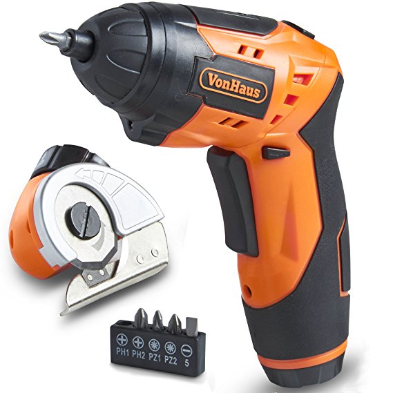 VonHaus 2-in-1 Cordless Electric Power Screwdriver with Cutting Tool - Rechargeable with LED Light, Twistable Handle and 5 Bit (With Cutting Tool)