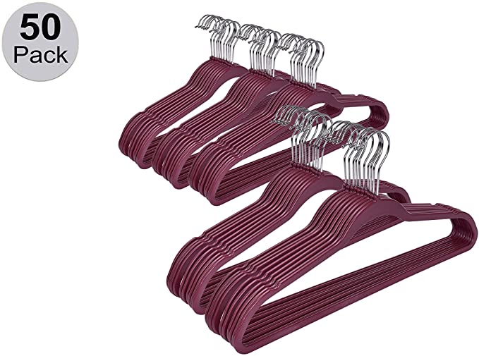 Quality Plastic Non Velvet Non-Flocked Thin Compact Hangers 360 Degree Swivel Hook (Raspberry Color, 50)