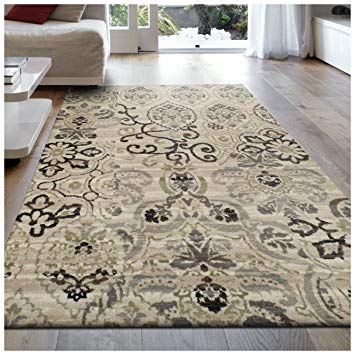 Superior Caldwell Collection Area Rug, 8mm Pile Height with Jute Backing, Gorgeous Patchworked Damask Design, Fashionable and Affordable Woven Rugs, 2'7" x 8' Runner, Beige