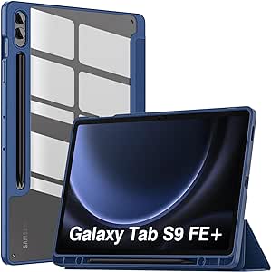 MoKo Case Fits Samsung Galaxy Tab S9 FE Plus 12.4-Inch 2023 (SM-X610/SM-X616), Lightweight Tablet Trifold Cover Case Transparent TPU   PC Back Shell with Pen Holder Slot/Auto-Wake, Navy Blue