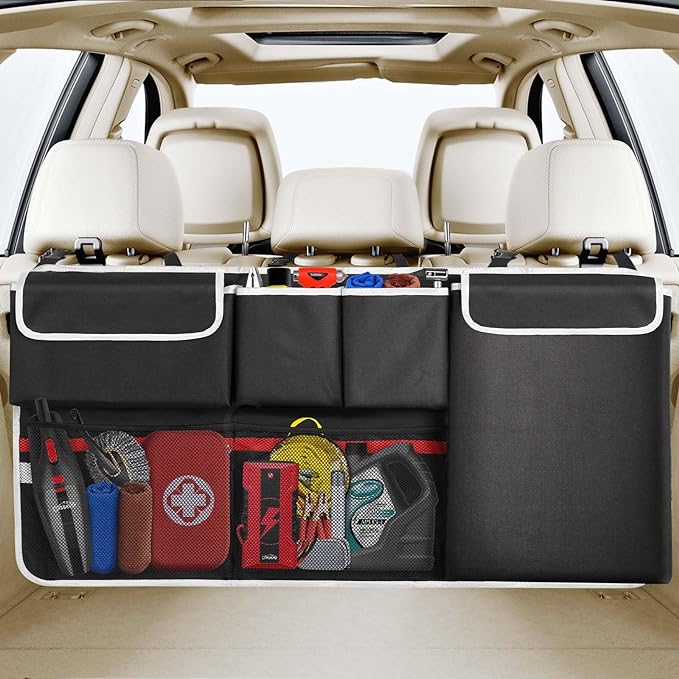 Oasser Trunk Organizer Back Seat Hanging Organizer Foldable Car Storage Organizer for SUV Truck MPV VAN with Multiple Different Size Storage Bags, Adjustable Straps E6N