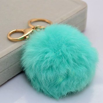 Miraclekoo Rabbit Fur Ball Pom Pom Key Chain Gold Plated Keychain with Plush for Car Key Ring or Handbag Bag Decoration (Light Blue)