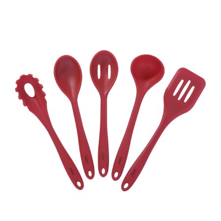 VonShef 5 Piece Heat Resistant Red Silicone Kitchen Cooking Utensil Set with Ladle, Turner, Spoon, Spaghetti Server & Slotted Spoon