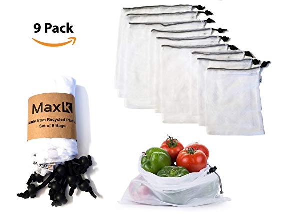 Superior Reusable Produce Bags | Ultra Light, Super Strong w/Double Stitched Seams | See-Through and Machine Washable Mesh | For Fruits, Vegetable, Grocery, Food, Toys, Storage | 9 Pack