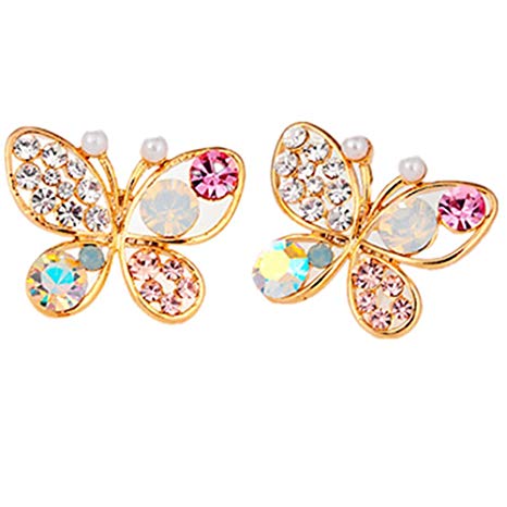 ODETOJOY Women's Pearl butterfly Stud Earring hollow out Colorful diamond Ear Studs Jewelry for girls