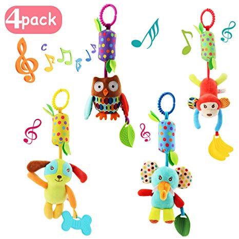 4 PCS Baby Soft Hanging Rattle Crinkle Squeaky Toy - Animal Ring Plush Stroller Accessories Infant Car Bed Crib Travel Activity Hanging Wind Chime with Teether for Boys Girls