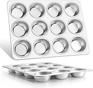 E-far Muffin Pan 12-Cup, Set of 2, Stainless Steel Cupcake Pan Metal Muffin Baking Tins for Oven, Regular Size & Easy Clean, Non-toxic & Dishwasher Safe-2 Pack