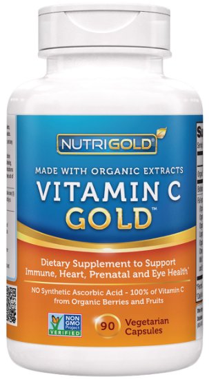 Nutrigold Vitamin C Gold Made from Non-GMO Organic Berries and Fruits - NOT Synthetic Ascorbic Acid 240 mg 90 veg capsules