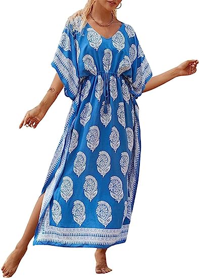 Bsubseach Geometric Print Kaftan Dresses for Women Caftans Loungewear with Waist Drawstring