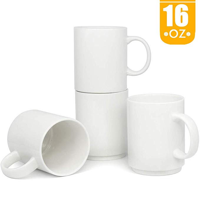 16 OZ Stackable Porcelain Coffee Mugs, Smilatte M009 Blank Large Ceramic Cup with Handle for Tea Latte Cappuccino, Set of 4, White