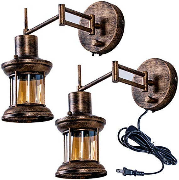 Swing Arm Wall Lamp,Bedroom Wall Light Fixture Plug in Wall Sconce Lamps Industrial Rustic Dimmable Wall Lights Hardwired On/Off Switch Glass Shade Retro Metal Oil Rubbed Bronze Bedside Living Room