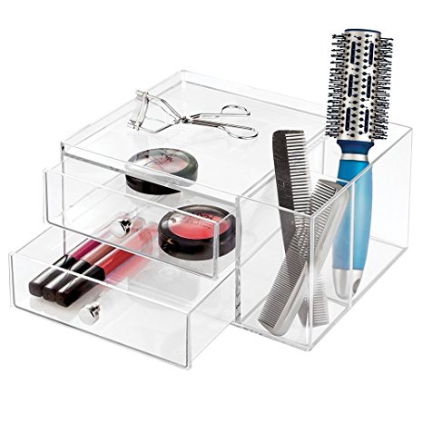 mDesign Cosmetic Organizer for Vanity Cabinet to Hold Makeup, Brushes, Beauty Products - 2 Drawers and Caddy, Clear