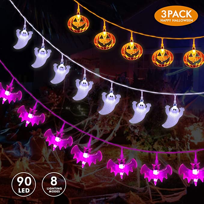 Halloween String Lights Halloween Decorations, Set of 3 30 LEDs 10 ft Each Light Pumpkins Bats Ghosts Lights Battery Operated Fairy Lights with Remote Control Halloween Party Decoration Indoor/Outdoor