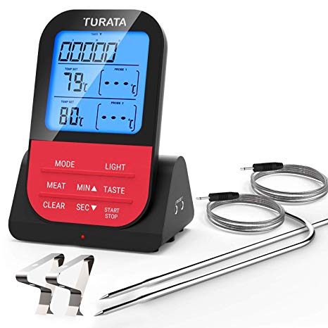 TURATA Meat Food Thermometer, Wireless Remote Instant Read Kitchen Cooking BBQ Thermometer with Dual Probe, 260 Feet Sensing Range, Timer and Alarm Monitor for Grill Smoker Oven