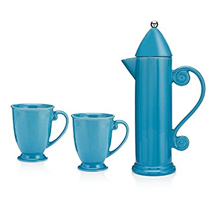 Francois et Mimi Ceramic French Press for Coffee and Tea, 27oz, Comes with 2 Large-Sized Ceramic Cups, Mugs (Blue)