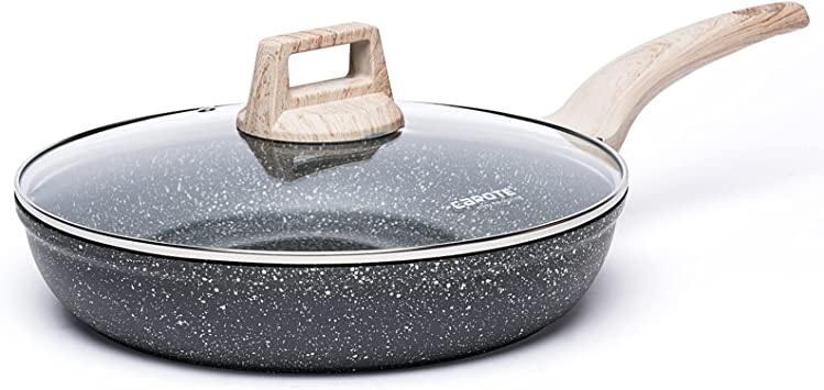 CAROTE Nonstick Frying Pan, Granite Egg Omelet Fry Pan for Induction Hob and All Stoves (Classic Granite with Lid, 20cm)