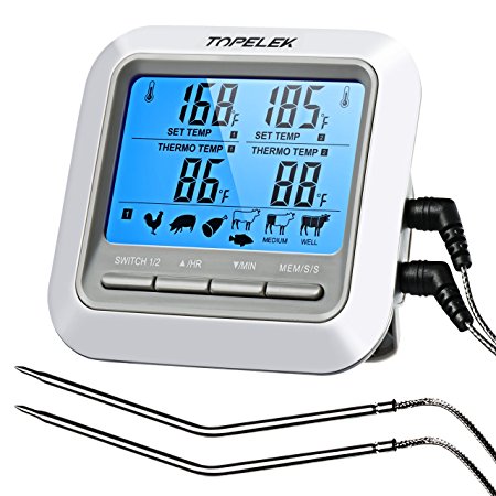 2 in 1 Meat Thermometer & Kitchen Timer, TOPELEK Instant Read Cooking Thermometer with 2 Stainless Steel Oven Probes Large Backlit Display for Kitchen, Grill, Oven, BBQ, Food, Steak, Turkey (Battery Included)