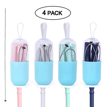 QXTTS 4 Pack Reusable Collapsible Silicone Drinking Straws With Portable case and Cleaning Brush,Can be used outdoors and travel (Gray, blue, pink, cyan)