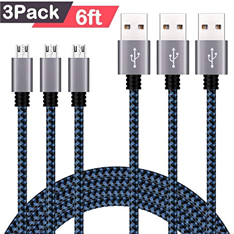 Micro USB Cable, Xcords 3Pack 6FT Micro USB to USB Android Charger Cable Nylon Braided, Fast Charging USB Cable for Android/Windows/PS4/XBOX/Camera/MP3/Samsung/Blackberry/Echo Dot and More (BlueBlack)