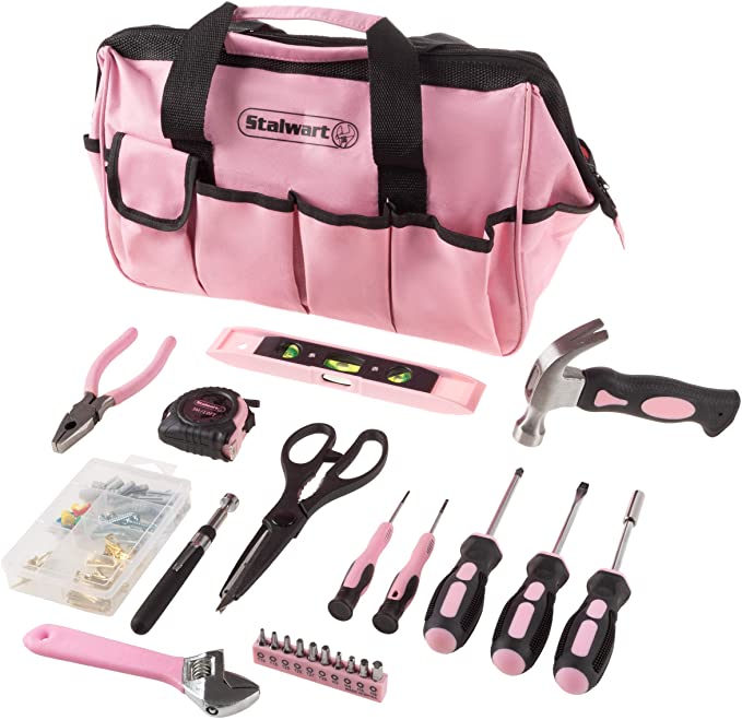 Stalwart Tool Kit - 123 Pink Heat-Treatedpiece with Carrying Bag - Essential Steel Hand Tool & Repair Set For Apartments, Dorm, Homeowners