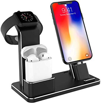 Tinfence Charging Stand for iWatch Charging Stand Dock Station for AirPods iWatch Series 4/3/2/1/ iPhone X/XS/XS Max/8/8Plus/7/7Plus/6S/6S Plus Black