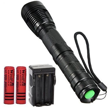 WindFire® Super Bright CREE XM-L T6 U2 2000Lumens Zoomable 5 mode LED Flashlight Torch 26650 18650 Rechargeable Battery/AAA Battery Lamp Lighting Torch with 2 x WindFire 4000mah 18650 Battery and Charger for Outdoor Hiking, Riding, Camping, Climbing