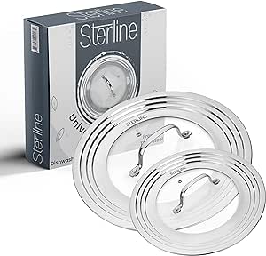 Sterline Universal Lids Set with Tempered Glass Top - Fits 5-12 Inch Pots, Pan, and Skillets - Set of 2, Large and Small, Stainless Steel Replacement Pot Lid for Kitchen Organizing, Space Saving