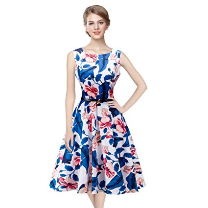 Classy Floral Dress Sleeveless Vintage Cocktail Casual Summer Dress with Belt