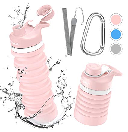 Collapsible Foldable Water Bottle - BPA Free FDA Approved Portable Reusable Leakproof Silicone Sports Travel Water Bottle for Outdoor, Gym, Hiking, Cycling with Wrist Lanyard and Carabiner