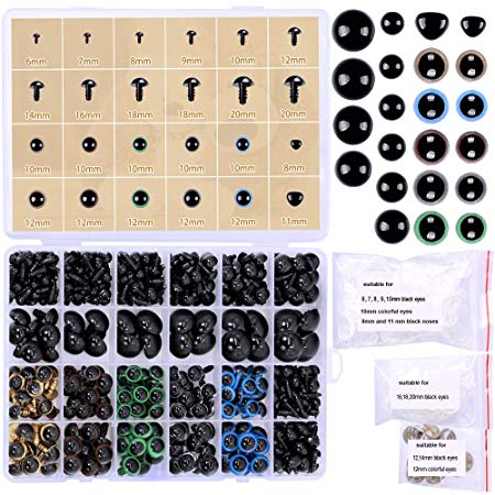 348 Pcs 6-20mm Black Plastic Safety Eyes Colorful Plastic Safety Eyes Craft Eyes and Safety Noses with Washers for Doll, Puppet, Plush Animal