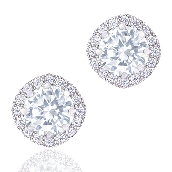 18k White Gold Plated Cubic Zirconia Cushion Shape Halo Stud Earrings (1.90 carats) by Orrous & Co.
