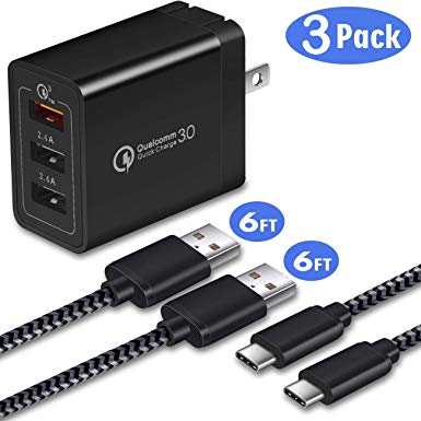 USB-C Cable with Quick Charger, WITPRO 30W 3-Port Quick Charge 3.0 Adaptive Fast Charging Plug   6ft USB Type C Cable for Samsung Galaxy S8/S9/S10 Plus, Note 8/9, LG G5/G6/G7 V20/V30 (3in1 Pack)