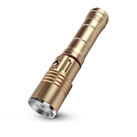Adjustable Focus Mini LED Torch@ Coolreall 2000 Lumen Super Bright Zoomable and Waterproof LED Flashlight (Golden)