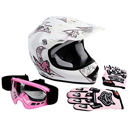 XFMT Youth Kids Motocross Offroad Street Dirt Bike Helmet Goggles Gloves Atv Mx Helmet Pink Butterfly M