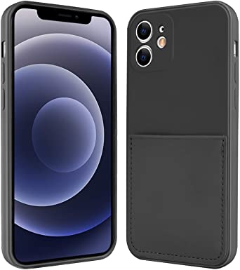 Ownest Compatible with iPhone 12 Case [Not fit iPhone 12 Pro 6.1‘’] Liquid Silicone Wallet Case with Card Holder Stick Slim Rubber Silicon Shockproof for iPhone 12-Black